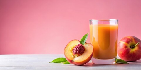Fototapeta premium Fresh peach juice in a glass with whole peach and slice on pink background , fruit juice