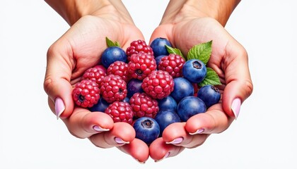Delicious Blueberries and Raspberries in Hand: Vibrant Fresh Fruit Photography Against a White Background. A person holding a handful of berries in their hands.