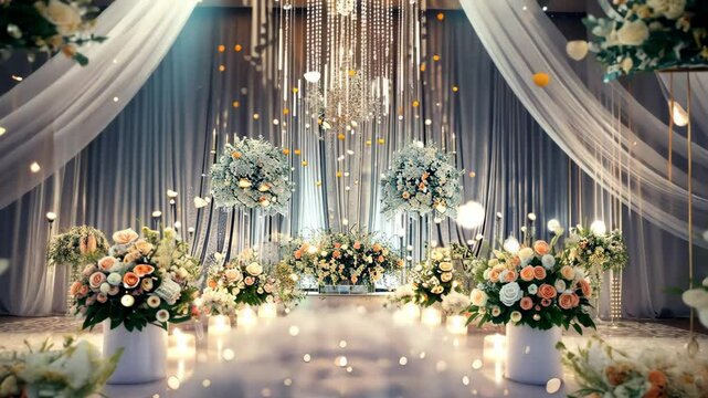 Elegant Wedding Venue: A beautifully decorated indoor venue awaits a wedding ceremony, featuring soft lighting, floral arrangements, and a sense of romance.