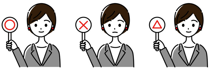 シンプルなまるばつ札を持つスーツ姿の女性のセット