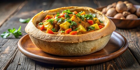 Injera with curry filling inside, bread bowl , hollowed bread,  bread bowl