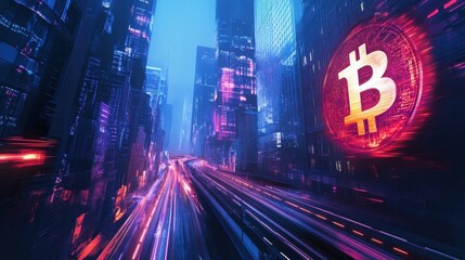 Bitcoin highway looping through a neon-lit financial district with real-time crypto charts projected