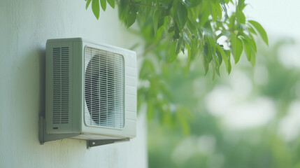 Cool Breeze: An outdoor air conditioning unit is mounted on a wall, capturing the contrast of modern technology and nature, symbolizing climate control and comfort.