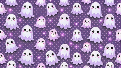 Spooky yet sweet ghostly figures in pastel hues amidst a purple and black ghostly pattern , adorable, cute,  adorable