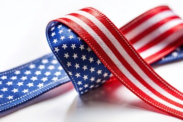 Fototapeta premium American Flag Ribbon Macro Photography: Top View Isolated on White Background