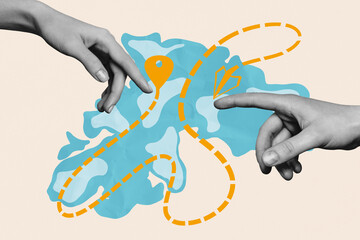 Composite art 3d image collage of human arms point index fingers map continent choice relocation adventure plane flight geolocation