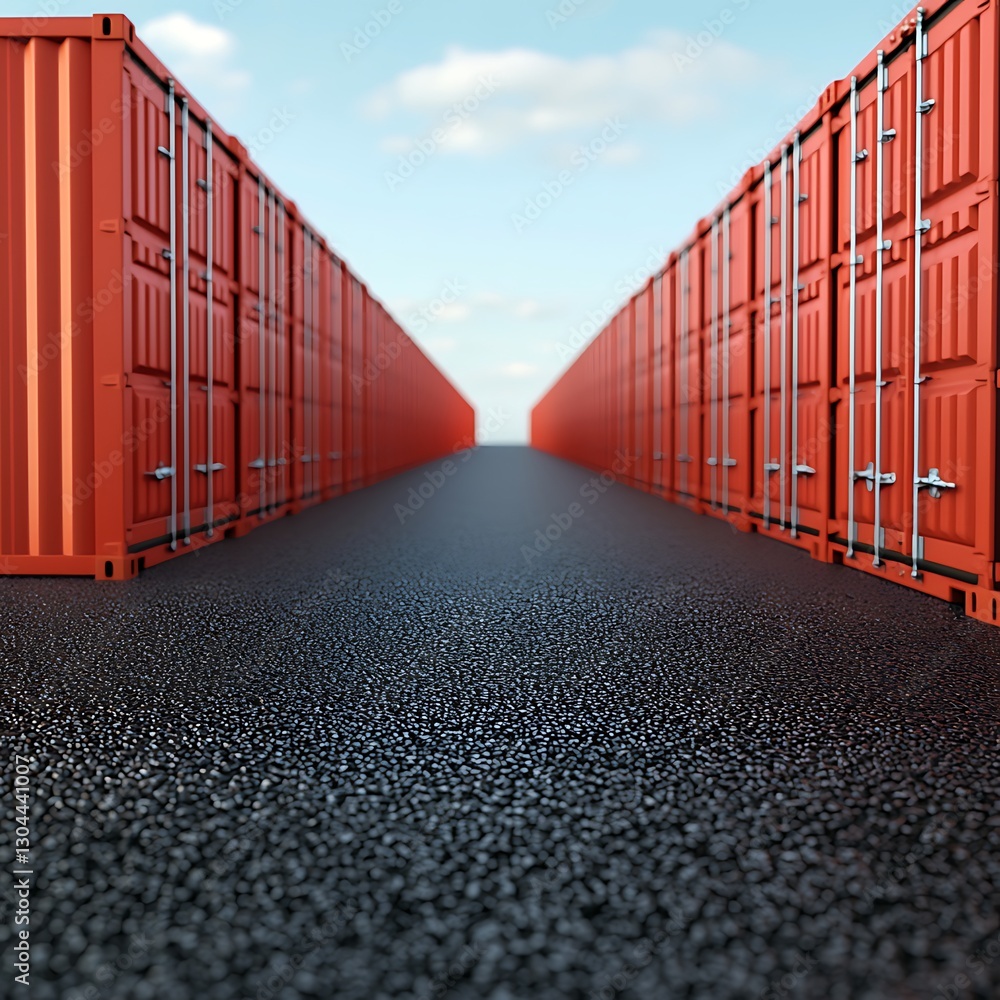 Poster a perspective view of a long row of orange shipping containers against a clear blue sky, creating a 