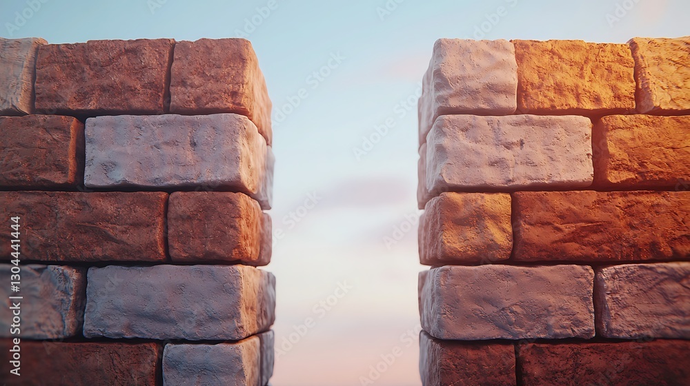 Aufkleber a close-up view of two stone walls with a gap in between, set against a vibrant sky during twilight.