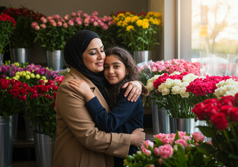 Fototapeta premium Muslim Mother and Daughter Embracing in Flower Shop, Warm Family Moment Among Colorful Roses and Carnations, Multicultural Family Love, Mother's Day, Florist Business