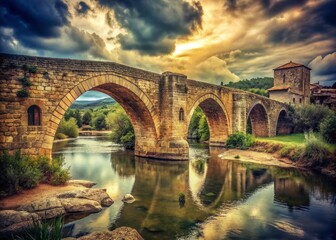 Obraz premium Ancient Roman Bridge in Molinaseca, Spain - Vintage Photo