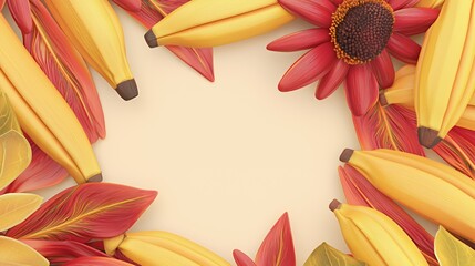 Yellow Bananas and Red Flowers Frame on Beige Background
