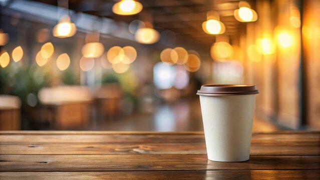 Coffee cup mockup on a wooden table with a blurred background, showcasing the beverage's texture and color, java, drink,  java