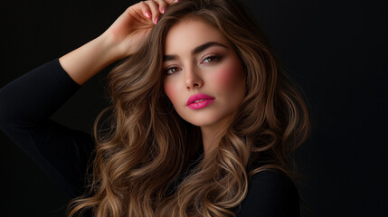 Fototapeta premium A photo of an attractive woman with long brown hair, wearing a black top and pink lipstick, posing for the camera with her hands in her curly hair