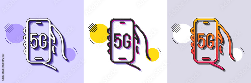 Poster 5g internet app line icon. halftone dotted pattern. gradient icon with grain shadow. hand hold phone
