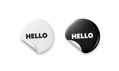 Hello sticker tags. Glitter paper price badge. Hello welcome tag. Hi invitation offer. Formal greetings message. Offer round sticker. Promo banner. Vector © blankstock