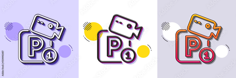 Poster parking with video monitoring line icon. halftone dotted pattern. gradient icon with grain shadow. c