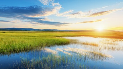 Serene Sunset Landscape with Water Reflection