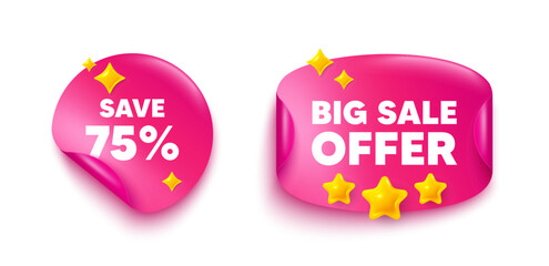 Discount sticker tag. Big offer paper price banner. Save 75 percent off tag. Sale Discount offer price sign. Special offer symbol. Discount sticker with 3d stars. Vector