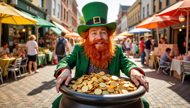 Cheerful leprechaun sitting on pot of gold in bustling marketplace, luck