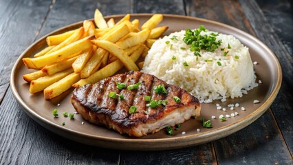 Juicy parmesan steak sliced on a plate next to a bed of fluffy white rice and crispy golden chips , meal