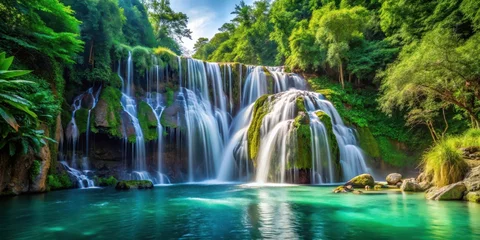 Tableau sur plexiglas Paysages Dense foliage and vibrant greenery surround a massive waterfall cascading into crystal-clear waters amidst natural wonders , natural water sources, wilderness  © Buakung