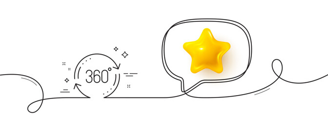 360 degree line icon. Continuous line with 3d star. Full rotation sign. VR technology simulation symbol. 3d star in speech bubble. Full rotation single line ribbon. Loop curve pattern. Vector