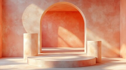 Warm light bathes serene peach room showcasing elegant circular platforms and columns. AI Generated
