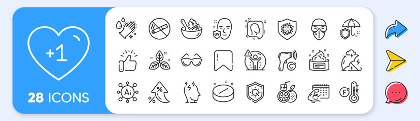 Obraz premium Fahrenheit thermometer, Stress and Head line icons. Interest rate, AI generate, Inflation icons. Pack of Eyeglasses, Sun protection, Washing hands icon. Vector