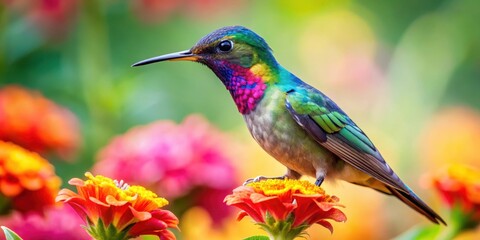 Fototapeta premium Vibrant hummingbird perched on a colorful flower in a lush garden