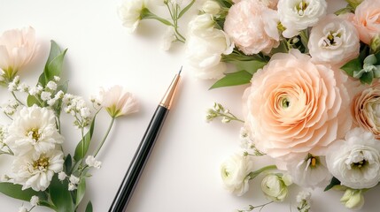 A flat lay composition features a pen poised over a guest list, adorned with a bouquet of delicate flowers on a soft, off-white background, inviting viewers to envision a personalized and charming