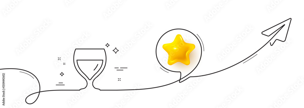 Poster wine glass line icon. continuous line with share plane. alcohol drink sign. beverage symbol. 3d star