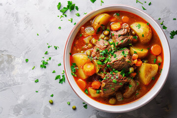 Beef Bourguignon Slow-Cooked in Red Wine in Bowl on Gray Concrete Background, Top View, Copy Space