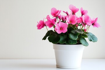 Fototapeta premium A beautiful shot of a pink cyclamen plant in a simple white pot, with vibrant flowers against a pristine white background for a modern aesthetic.