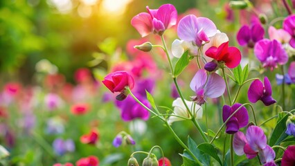 Vibrant sweet pea blossoms in a lush garden, vibrant flowers, spring flowers, vibrant flowers