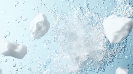 Ice cubes splashing in clear water, creating refreshing bubbles on a cool blue background.