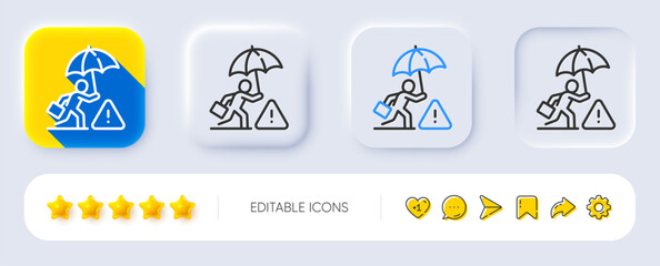 Fototapeta premium Risk management line icon. Neumorphic, Flat shadow, 3d buttons. Insurance umbrella sign. Danger warning symbol. Line risk management icon. Social media icons. Vector