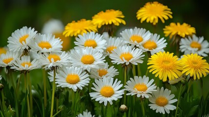 Fototapeta premium Field of White Daisies and Yellow Dandelions, Botanical Photography, Bright Daylight, Vivid Colors