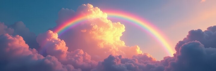 A dazzling rainbow arching across a dramatic, fluffy cloudscape , meteorological, dazzling