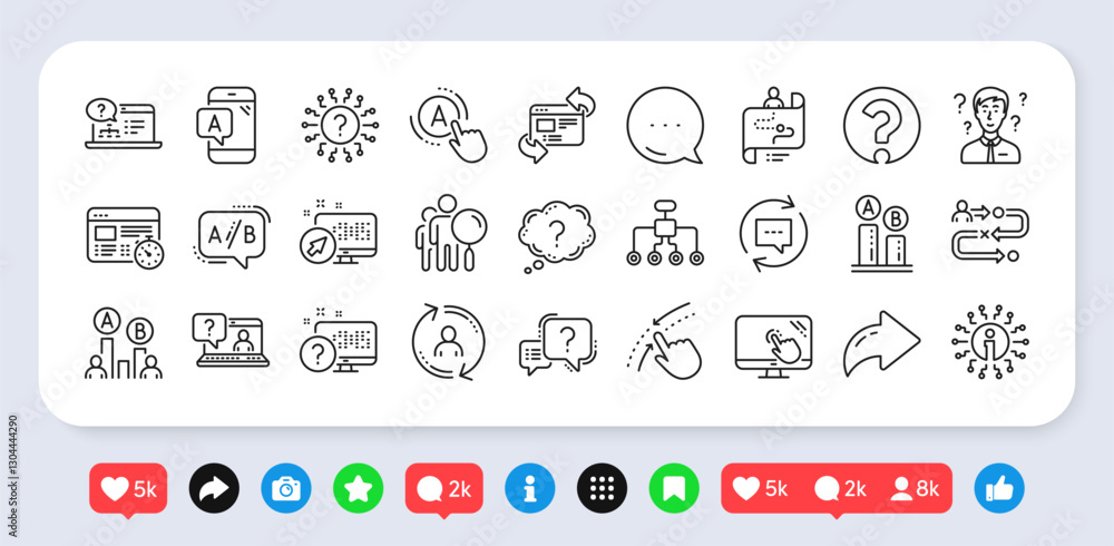Poster ux line icons. social media: share, comment, like icons. set of question mark, ab testing and journe