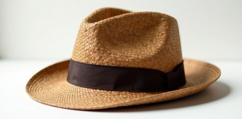 Brown woven straw fedora, slightly faded, classic shape, material, sun hat