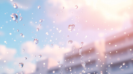 Ephemeral Beauty: Water droplets clinging to glass, creating a refractive dance against a backdrop of a soft, pastel sky, evoking a feeling of tranquility and delicate beauty.