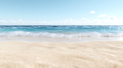 Obraz premium Idyllic sandy beach with gentle ocean waves under a clear blue sky, serene coastal view.