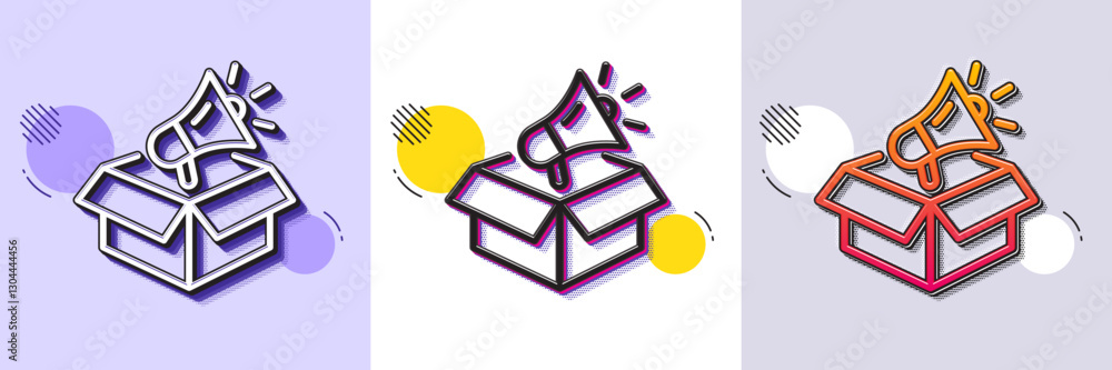 Poster megaphone box line icon. halftone dotted pattern. gradient icon with grain shadow. advertisement dev