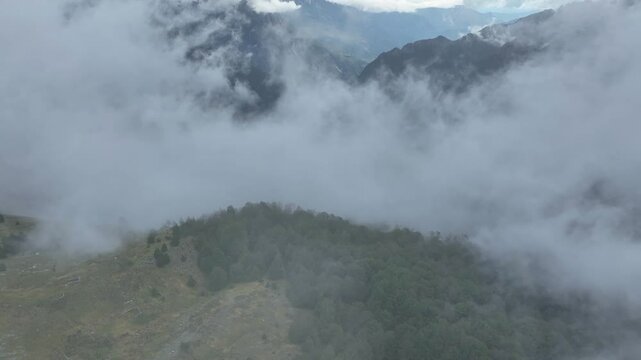 Cinematic tilt up inside clouds in the national park in Teth, Albania.
