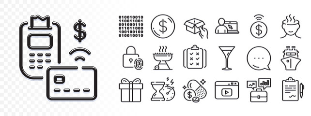 Video content, Clipboard and Ship line icons for web app. Glare of light effect. Message icon. Pack of Pos terminal, Binary code, Business portfolio pictogram icons. Vector