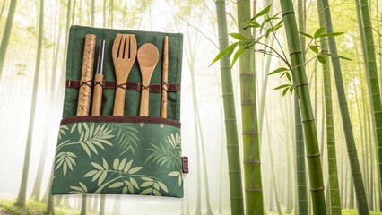 A reusable travel cutlery set made of bamboo, stored in a fabric pouch with a bamboo forest print.