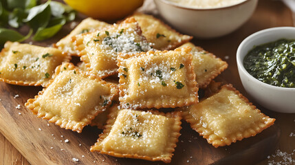 Deep fried ravioli with ricotta and spinach filling, served with a spicy chimichurri dipping sauce.