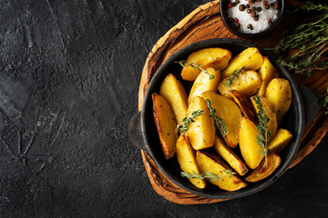 Roasted sliced potatoes with thyme herb, salt, peppers, cut board