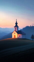Fototapeta premium A small church on a hill at dawn, glowing softly in the morning light, symbol of community faith