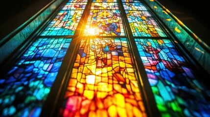 A stained glass window with vibrant colors depicting a scene of faith, soft natural light
